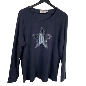 Quacker Factory Top Women's Gray Sz 1X Thermal Velvet Star Studded Long Sleeves